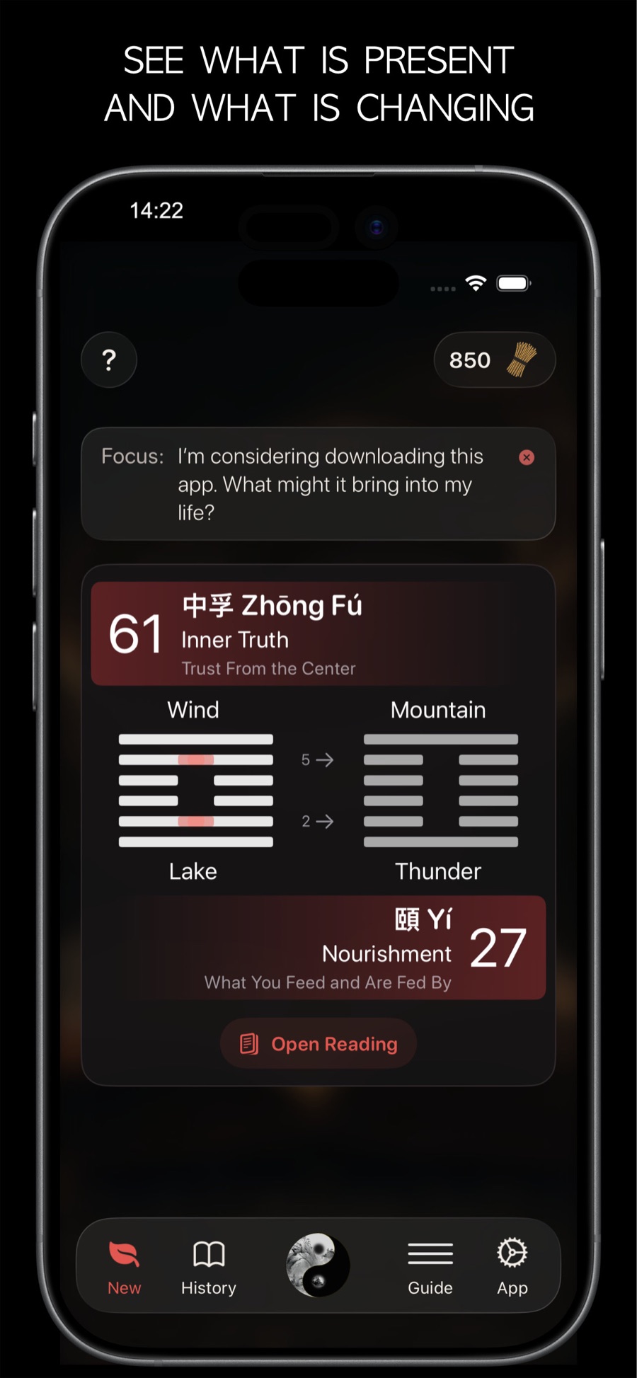 The Oracle showing an I Ching reading changing from Inner Truth to Nourishment