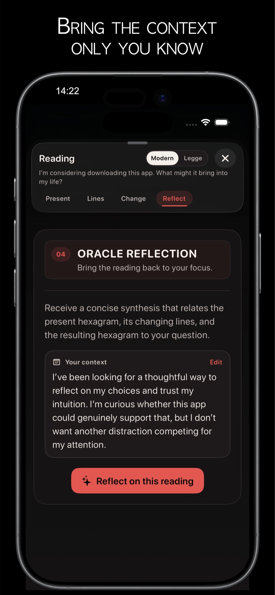 The Oracle reflection screen connecting an I Ching reading to the user's own context